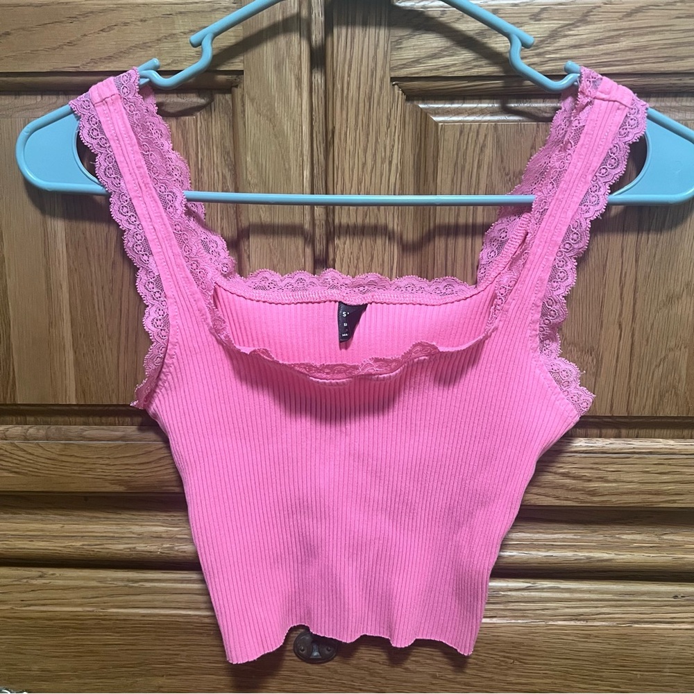 SHEIN Pink Lace Accent Ribbed Top